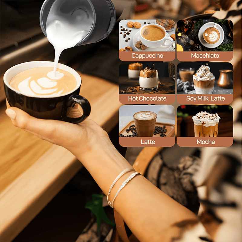 Electronice si Electrocasnice - Electrocasnice bucatarie - Preparare bauturi - Spumator de lapte 4in1 CYBERDUST, Spuma calda/rece, Lapte vegetal,Matcha,Latte,Cappuccino,Machiatto,Mocha,140/160/430ml - Infinity.ro