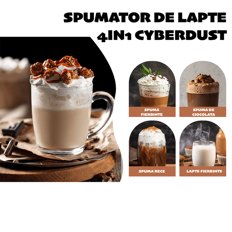 Electronice si Electrocasnice - Electrocasnice bucatarie - Preparare bauturi - Spumator de lapte 4in1 CYBERDUST, Spuma calda/rece, Lapte vegetal,Matcha,Latte,Cappuccino,Machiatto,Mocha,140/160/430ml - Infinity.ro