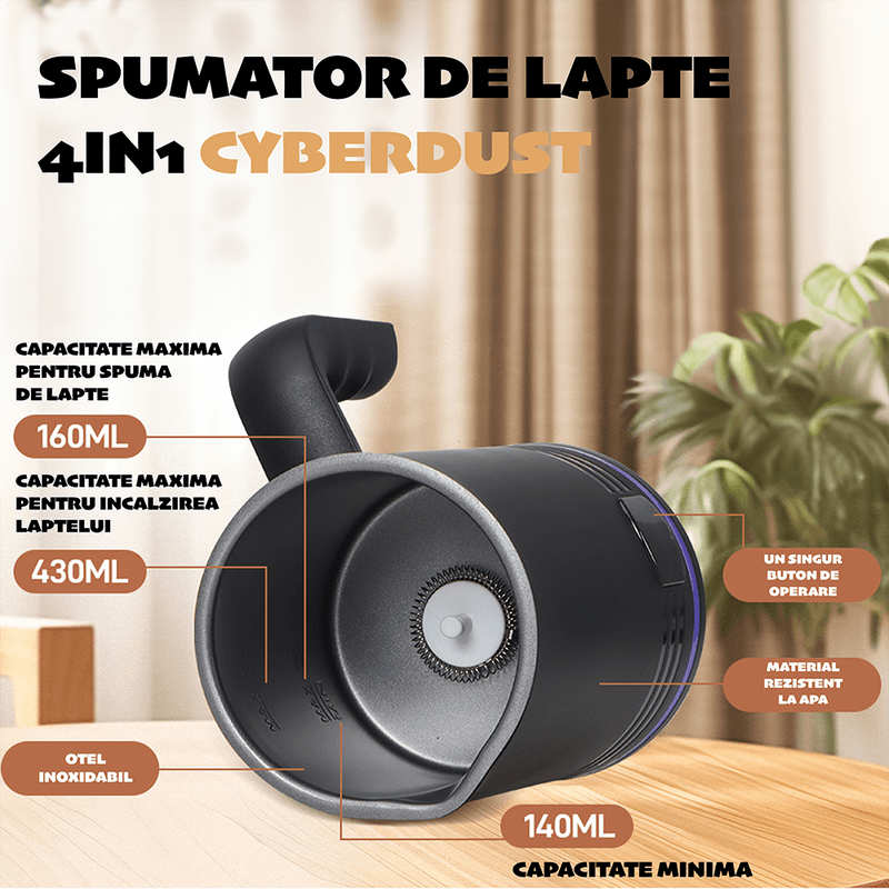 Electronice si Electrocasnice - Electrocasnice bucatarie - Preparare bauturi - Spumator de lapte 4in1 CYBERDUST, Spuma calda/rece, Lapte vegetal,Matcha,Latte,Cappuccino,Machiatto,Mocha,140/160/430ml - Infinity.ro