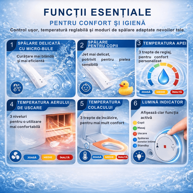 Casa si Gradina - Sanitare - Obiecte sanitare - Accesorii vase de toaleta - Capac toaleta cu bideu, apa calda, spalare si uscare, colac incalzit, telecomanda, autocuratare, lumina de noapte - Infinity.ro