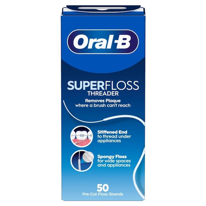 Jucarii, Copii si Bebe - Igiena si ingrijire - Articole igiena dentara copii - Ata dentara Oral-B SuperFloss Threader 50 bucati, cu capat rigidizat si parte spongioasa - Infinity.ro