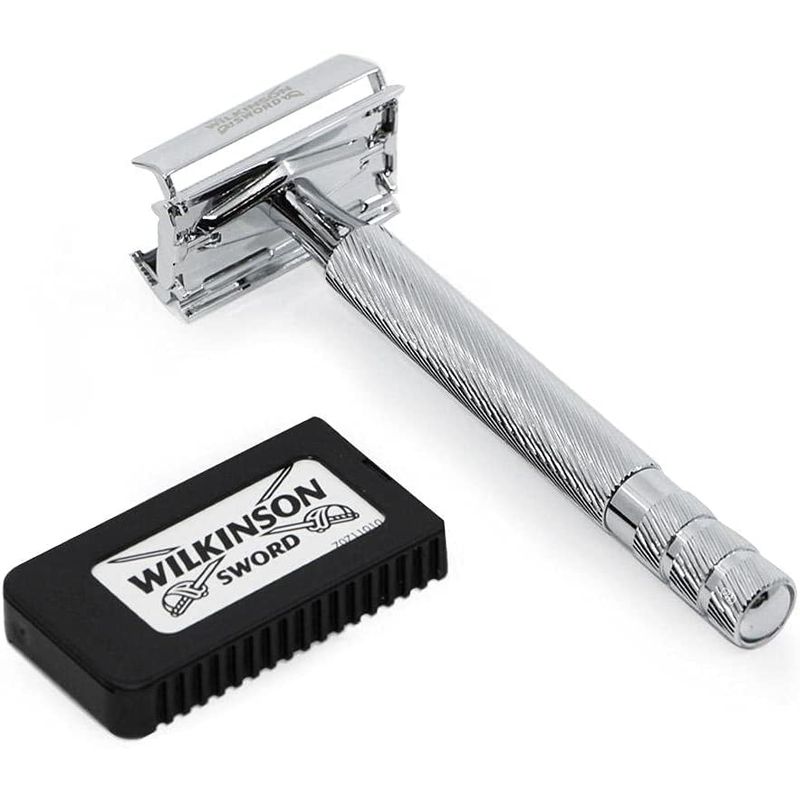 Ingrijire personala si Cosmetice - Aparate & accesorii ingrijire personala - Aparate de ras si tuns - Aparate de ras clasice - Aparat de ras si barbierit Wilkinson Clasic The Edger cu margine dubla, Inox, + 5 lame de rezerva, Gri - Infinity.ro