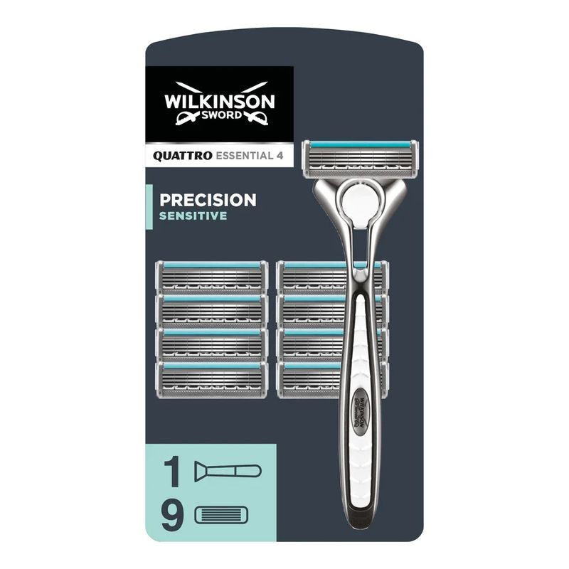 Ingrijire personala si Cosmetice - Aparate & accesorii ingrijire personala - Aparate de ras si tuns - Aparate de ras clasice - Set Aparat de Ras Wilkinson Sword Quattro Titanium Essential 4 Sensitive,9 rezerve - Infinity.ro