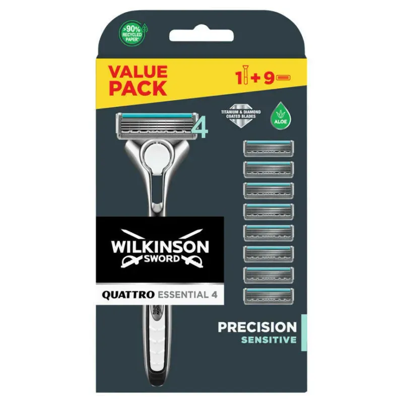 Ingrijire personala si Cosmetice - Aparate & accesorii ingrijire personala - Aparate de ras si tuns - Aparate de ras clasice - Set Aparat de Ras Wilkinson Sword Quattro Titanium Essential 4 Sensitive,9 rezerve - Infinity.ro