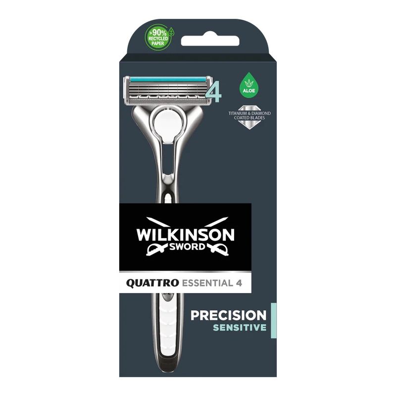 Ingrijire personala si Cosmetice - Aparate & accesorii ingrijire personala - Aparate de ras si tuns - Aparate de ras clasice - Set Aparat de Ras Wilkinson Sword Quattro Titanium Essential 4 Sensitive,9 rezerve - Infinity.ro