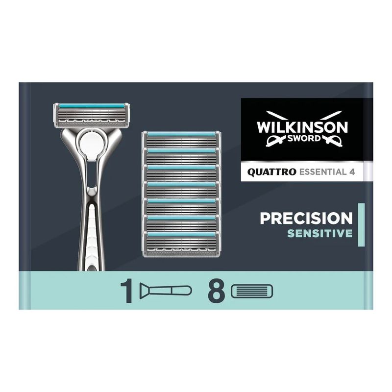Ingrijire personala si Cosmetice - Aparate & accesorii ingrijire personala - Aparate de ras si tuns - Aparate de ras clasice - Set Aparat de Ras Wilkinson Sword Quattro Titanium Essential 4 Sensitive,9 rezerve - Infinity.ro