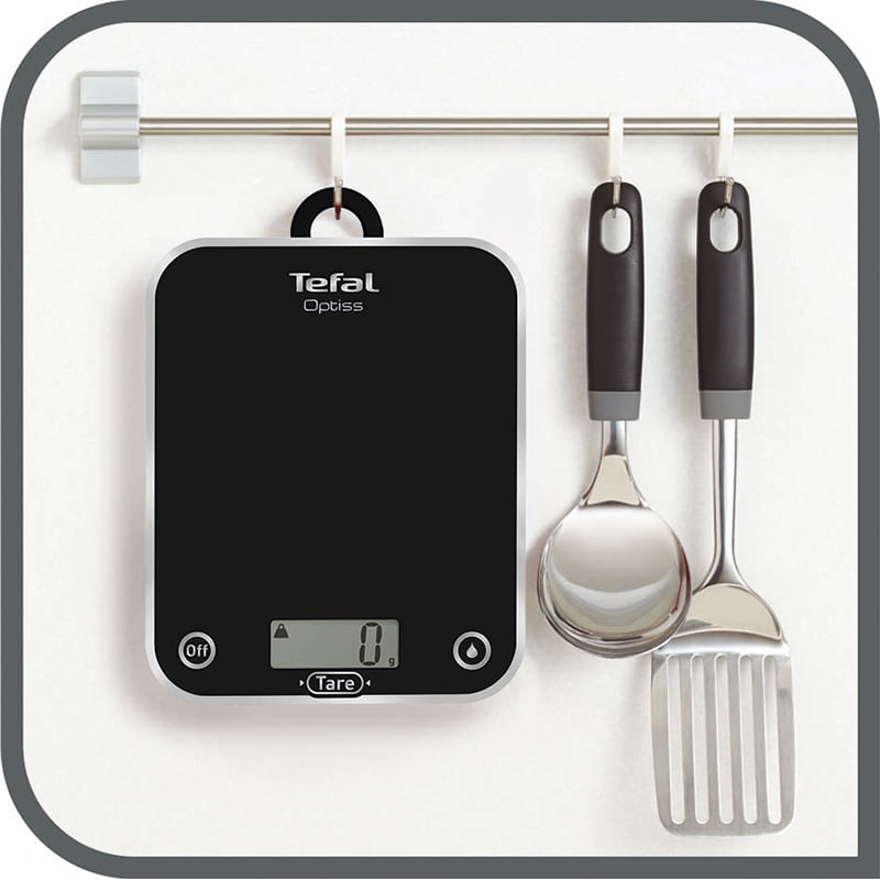Electronice si Electrocasnice - Electrocasnice bucatarie - Mixere, tocatoare & roboti de bucatarie - Cantare de bucatarie - Cantar de bucatarie Tefal Optiss - BC5005V0, 5 kg, sticla securizata, functie Tara, carlig de agatat, negru - Infinity.ro