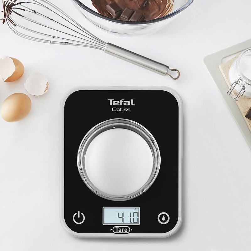 Electronice si Electrocasnice - Electrocasnice bucatarie - Mixere, tocatoare & roboti de bucatarie - Cantare de bucatarie - Cantar de bucatarie Tefal Optiss - BC5005V0, 5 kg, sticla securizata, functie Tara, carlig de agatat, negru - Infinity.ro