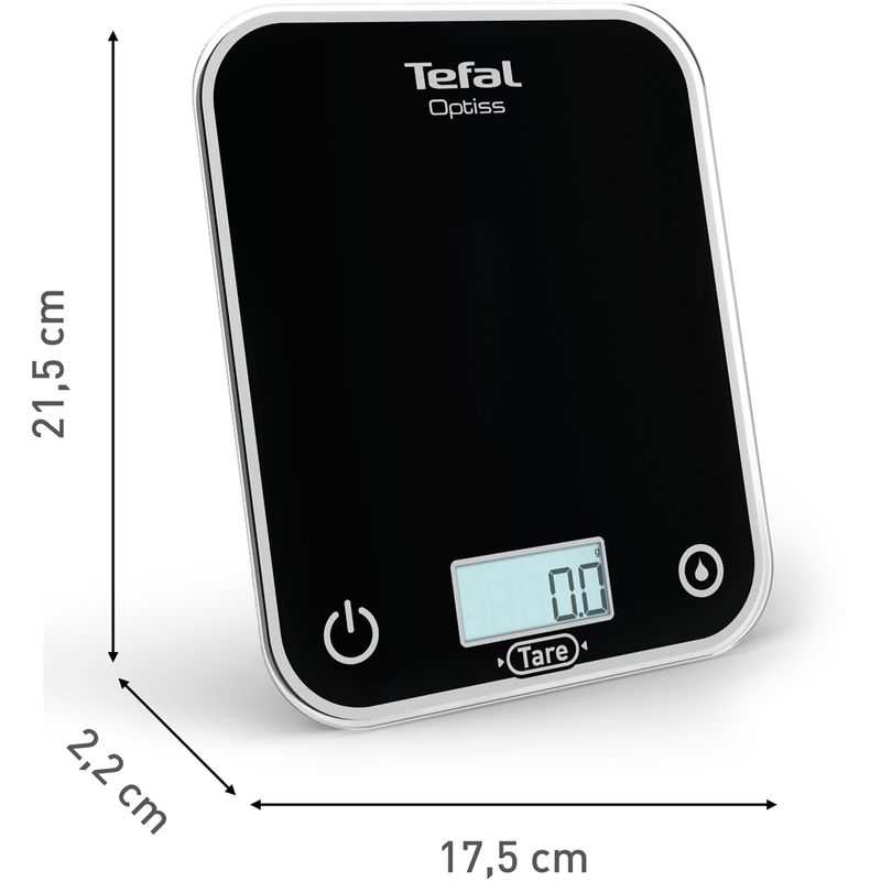Electronice si Electrocasnice - Electrocasnice bucatarie - Mixere, tocatoare & roboti de bucatarie - Cantare de bucatarie - Cantar de bucatarie Tefal Optiss - BC5005V0, 5 kg, sticla securizata, functie Tara, carlig de agatat, negru - Infinity.ro