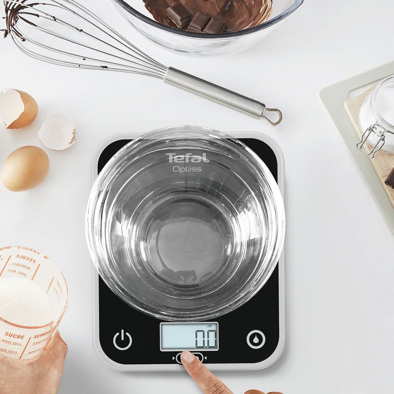 Electronice si Electrocasnice - Electrocasnice bucatarie - Mixere, tocatoare & roboti de bucatarie - Cantare de bucatarie - Cantar de bucatarie Tefal Optiss - BC5005V0, 5 kg, sticla securizata, functie Tara, carlig de agatat, negru - Infinity.ro