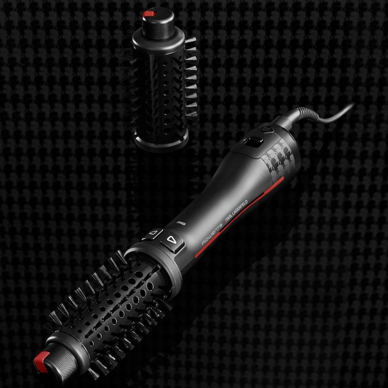 Ingrijire personala si Cosmetice - Aparate & accesorii ingrijire personala - Hair styling - Perii de par electrice - Perie rotativa cu aer cald Rowenta x Karl Lagerfeld Pro Stylist CF961LF0, invelis exclusiv Keratin & Glow, negru&rosu - Infinity.ro