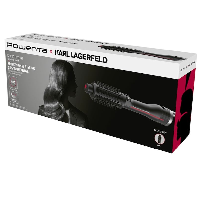 Ingrijire personala si Cosmetice - Aparate & accesorii ingrijire personala - Hair styling - Perii de par electrice - Perie rotativa cu aer cald Rowenta x Karl Lagerfeld Pro Stylist CF961LF0, invelis exclusiv Keratin & Glow, negru&rosu - Infinity.ro