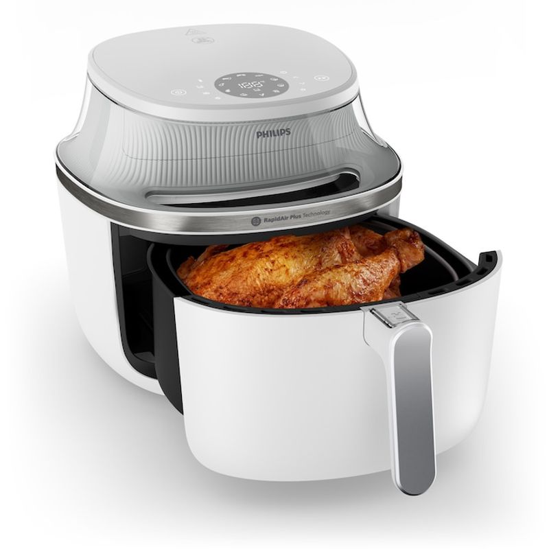 Electronice si Electrocasnice - Electrocasnice bucatarie - Aparate de gatit & desert - Friteuze - Friteuza cu aer cald Philips NA331/10 seria 3000, compact digital, 1700W, capacitate 6.2L, Culoare alb cu argintiu - Infinity.ro