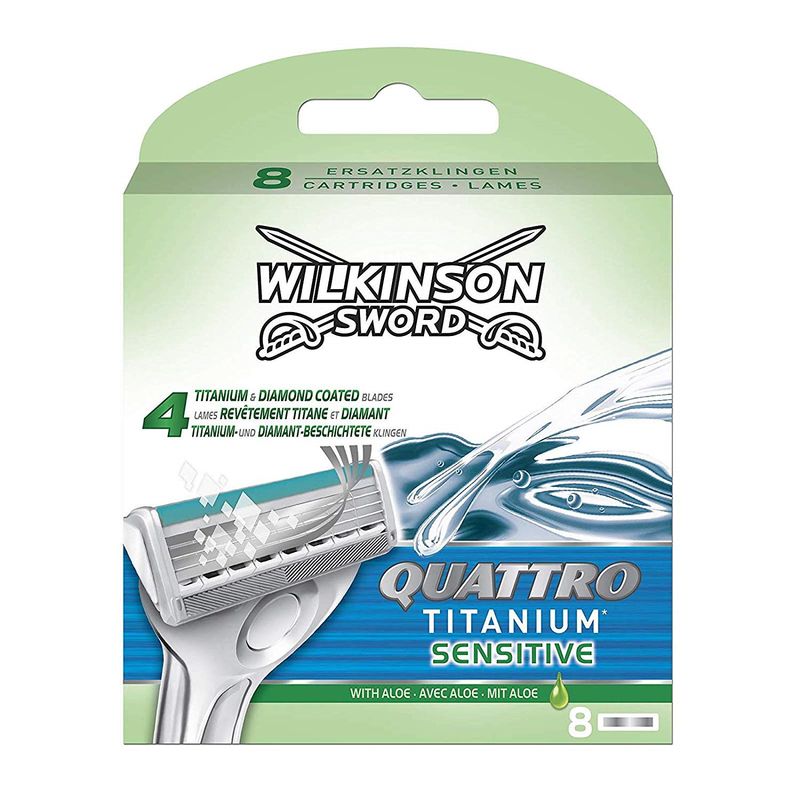 Ingrijire personala si Cosmetice - Aparate & accesorii ingrijire personala - Aparate de ras si tuns - Accesorii aparate de ras - Set 8 Rezerve, Wilkinson Sword, Quattro Titanium Sensitive, Aloe Vera, Vitamina E si Jojoba - Infinity.ro