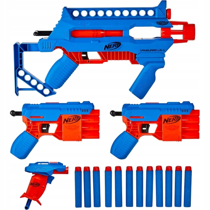Set de 4 pistoale si 12 sageti, Hasbro, Nerf Alfa Strike, Albastru/Rosu