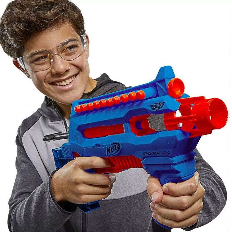 Jucarii, Copii si Bebe - Jucarii si jocuri - Jucarii de rol - Arme de jucarie - Set de 4 pistoale si 12 sageti, Hasbro, Nerf Alfa Strike, Albastru/Rosu - Infinity.ro