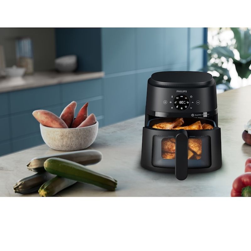 Electronice si Electrocasnice - Electrocasnice bucatarie - Aparate de gatit & desert - Friteuze - Friteuza fara ulei Philips NA220/00 Seria 2000, 4.2 l, 13 metode de gatit, Fereastra de gatit, Ecran tactil, negru - Infinity.ro