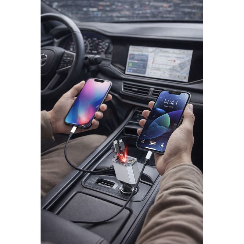 Laptop, Telefoane si Tablete - Telefoane mobile si accesorii - Accesorii Telefoane - Incarcatoare telefoane - Incarcator auto FastCharge 66W, 4 in 1, Cablu retractabil 80cm, Compatibil Iphone si Android - Infinity.ro