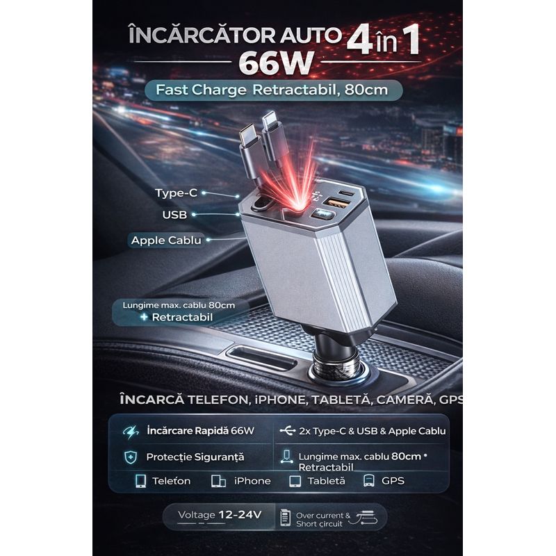 Laptop, Telefoane si Tablete - Telefoane mobile si accesorii - Accesorii Telefoane - Incarcatoare telefoane - Incarcator auto FastCharge 66W, 4 in 1, Cablu retractabil 80cm, Compatibil Iphone si Android - Infinity.ro