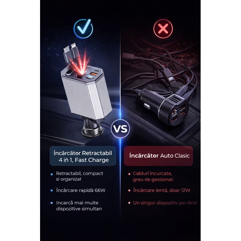 Laptop, Telefoane si Tablete - Telefoane mobile si accesorii - Accesorii Telefoane - Incarcatoare telefoane - Incarcator auto FastCharge 66W, 4 in 1, Cablu retractabil 80cm, Compatibil Iphone si Android - Infinity.ro