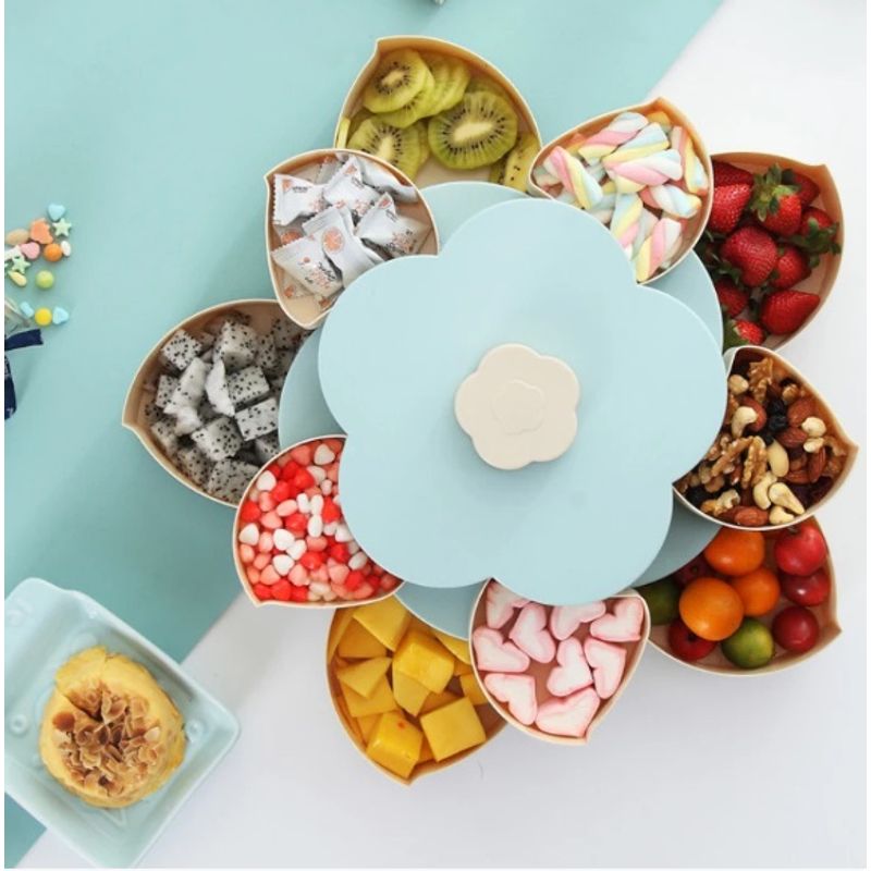 Casa si Gradina - Bucatarie si vesela - Vesela si tacamuri - Platouri de bucatarie - Cutie pentru bomboane, snacks in forma de floare, 2 Nivele, 10 compartimente, Albastru-Crem - Infinity.ro