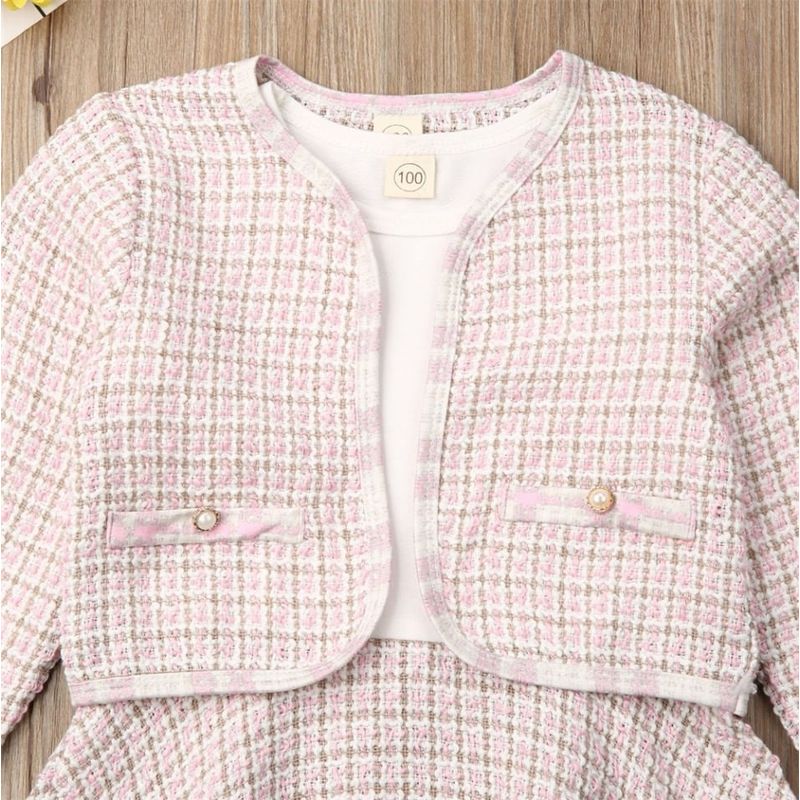 Fashion, accesorii si bijuterii - Copii - Imbracaminte copii - Treninguri si compleuri copii - Set sacou cu rochita drool (marime: 130, culoare: alb cu negru) - Infinity.ro