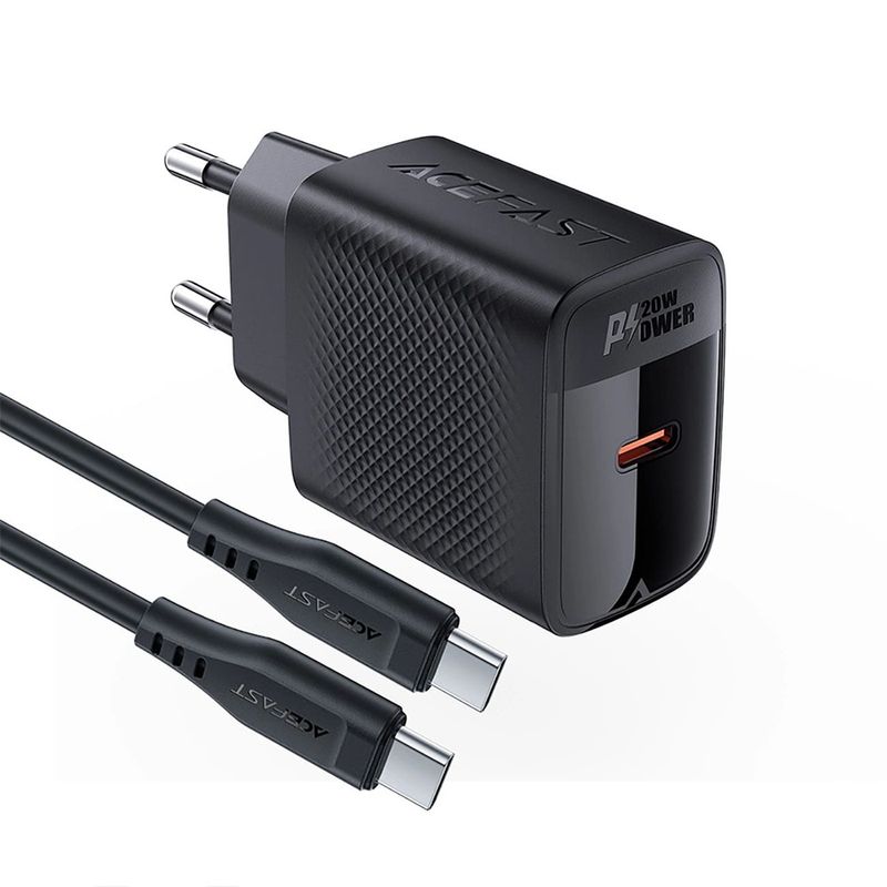 Laptop, Telefoane si Tablete - Telefoane mobile si accesorii - Accesorii Telefoane - Incarcatoare telefoane - Incarcator pentru Priza, Type-C, PD20W, GaN, Fast Charging cu Cablu USB-C - Acefast (A82) - Black - Infinity.ro