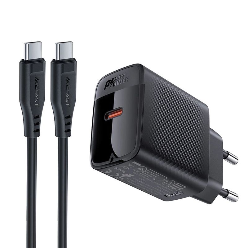 Laptop, Telefoane si Tablete - Telefoane mobile si accesorii - Accesorii Telefoane - Incarcatoare telefoane - Incarcator pentru Priza, Type-C, PD20W, GaN, Fast Charging cu Cablu USB-C - Acefast (A82) - Black - Infinity.ro