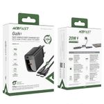 Laptop, Telefoane si Tablete - Telefoane mobile si accesorii - Accesorii Telefoane - Incarcatoare telefoane - Incarcator pentru Priza, Type-C, PD20W, GaN, Fast Charging cu Cablu USB-C - Acefast (A82) - Black - Infinity.ro
