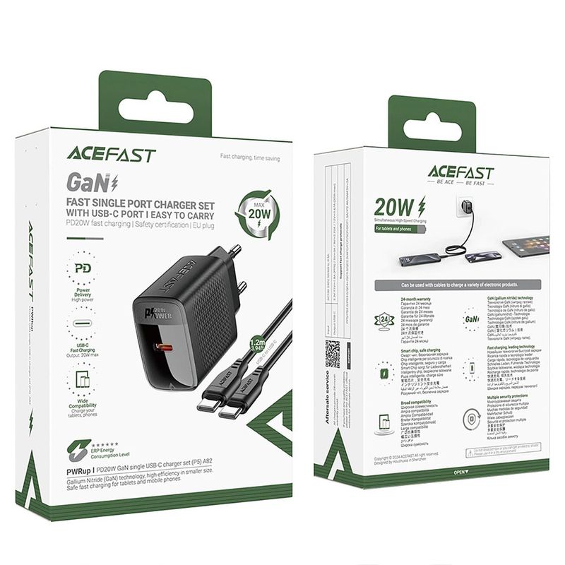 Laptop, Telefoane si Tablete - Telefoane mobile si accesorii - Accesorii Telefoane - Incarcatoare telefoane - Incarcator pentru Priza, Type-C, PD20W, GaN, Fast Charging cu Cablu USB-C - Acefast (A82) - Black - Infinity.ro