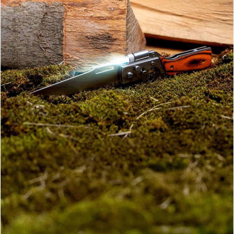 Casa si Gradina - Bucatarie si vesela - Vesela si tacamuri - Cutite si seturi de cutite - Cutit pliabil cu lanterna LED, 21 cm, multifunctional, pentru camping si pescuit, lama 9.5 cm - Infinity.ro