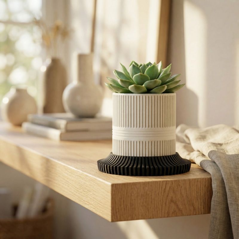 Casa si Gradina - Gradinarit si plante - Plante si ghivece - Ghivece si suporturi - Ghiveci Decorativ Minimalist cu Farfurie Striata, Alb, 10 cm - Infinity.ro