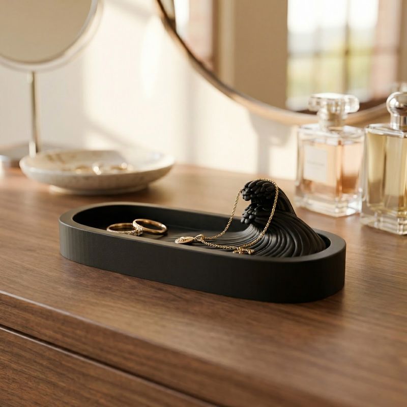 Fashion, accesorii si bijuterii - Femei - Bijuterii femei - Cutii bijuterii - Tavita pentru Bijuterii cu Model Val, Negru, 15 cm - Infinity.ro