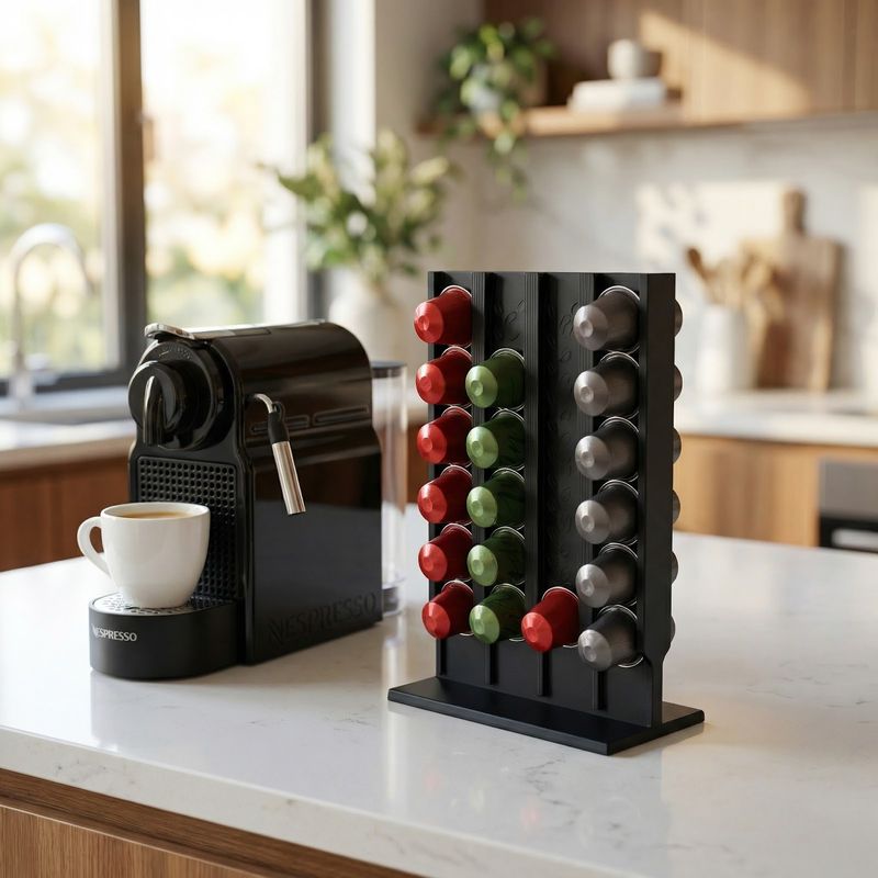 Electronice si Electrocasnice - Electrocasnice bucatarie - Preparare bauturi - Accesorii si consumabile aparate preparare bauturi - Suport Capsule Cafea Vertical cu Acces Dublu, Negru, 25 cm - Infinity.ro
