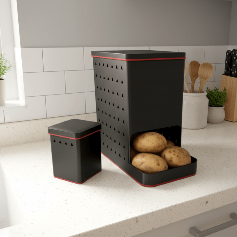 Casa si Gradina - Mobilier - Organizare si depozitare - Cutii depozitare - Cutie Depozitare Legume, Design Modern Ventilat pentru Evitarea Mucegaiului, Negru cu Rosu, 24 cm - Infinity.ro