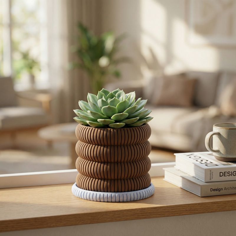 Casa si Gradina - Gradinarit si plante - Plante si ghivece - Ghivece si suporturi - Ghiveci Decorativ Striat cu Farfurie, Maro, 11 cm - Infinity.ro
