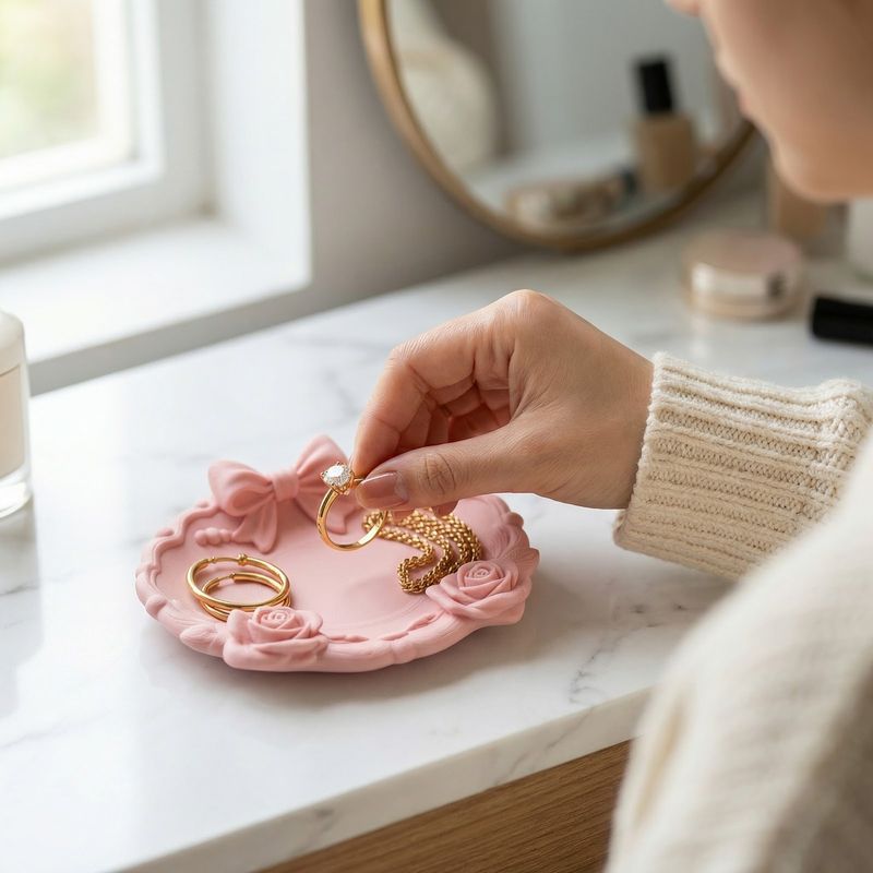 Fashion, accesorii si bijuterii - Femei - Bijuterii femei - Cutii bijuterii - Tavita pentru Bijuterii cu Funda si Trandafiri, Roz Pastel, 13 cm - Infinity.ro