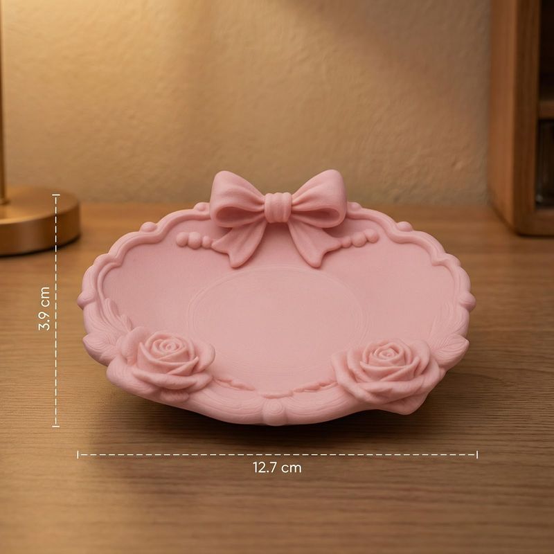 Fashion, accesorii si bijuterii - Femei - Bijuterii femei - Cutii bijuterii - Tavita pentru Bijuterii cu Funda si Trandafiri, Roz Pastel, 13 cm - Infinity.ro