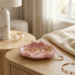 Fashion, accesorii si bijuterii - Femei - Bijuterii femei - Cutii bijuterii - Tavita pentru Bijuterii cu Funda si Trandafiri, Roz Pastel, 13 cm - Infinity.ro