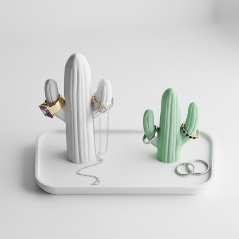 Fashion, accesorii si bijuterii - Femei - Bijuterii femei - Cutii bijuterii - Suport Bijuterii Design Cactus, Alb & Verde, 20 cm - Infinity.ro