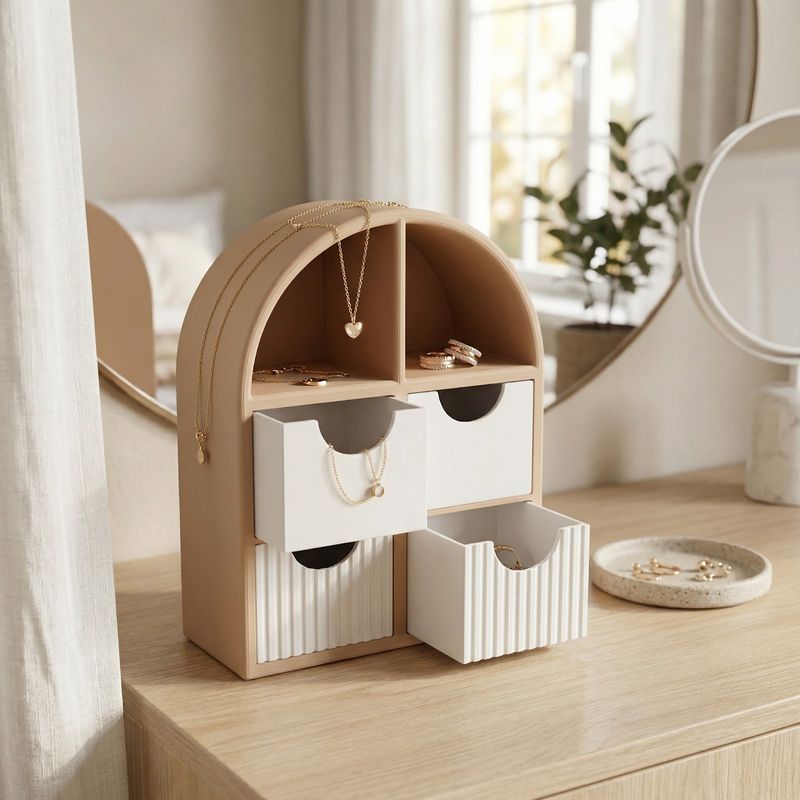 Fashion, accesorii si bijuterii - Femei - Bijuterii femei - Cutii bijuterii - Organizator Bijuterii cu Sertare Armonie, Bej, 16 cm - Infinity.ro
