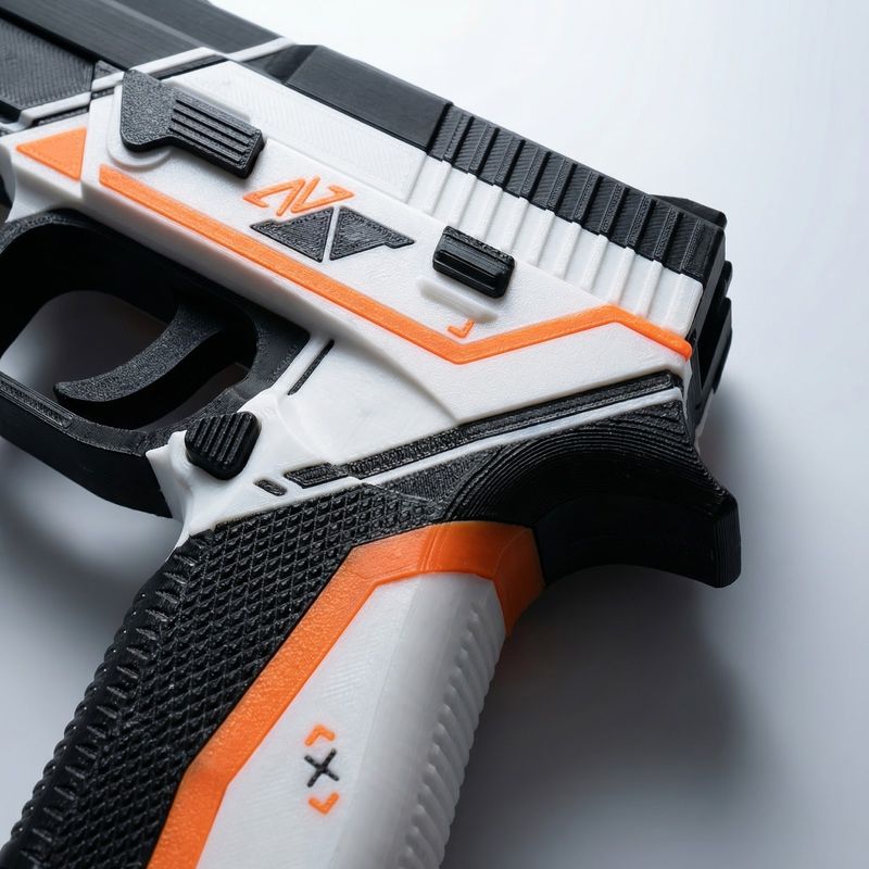 Jucarii, Copii si Bebe - Jucarii si jocuri - Jucarii de rol - Arme de jucarie - Pistol de jucarie futurist, Alb/Negru/Portocaliu, 3 cm - Infinity.ro
