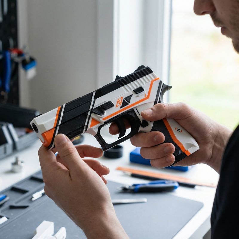 Jucarii, Copii si Bebe - Jucarii si jocuri - Jucarii de rol - Arme de jucarie - Pistol de jucarie futurist, Alb/Negru/Portocaliu, 3 cm - Infinity.ro