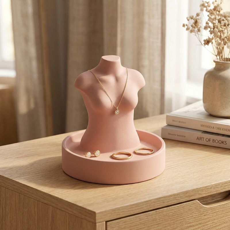 Fashion, accesorii si bijuterii - Femei - Bijuterii femei - Cutii bijuterii - Suport Bijuterii Silueta Minimalista cu Tava, Roz Pudrat, 19 cm - Infinity.ro