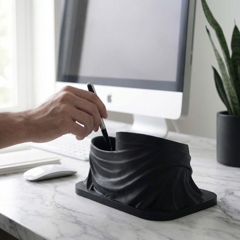 Carti si Birotica - Birotica - Accesorii de birou - Suporturi accesorii birou - Organizator birou sculptural, negru, 17 cm, design cu efect de drapaj - Infinity.ro