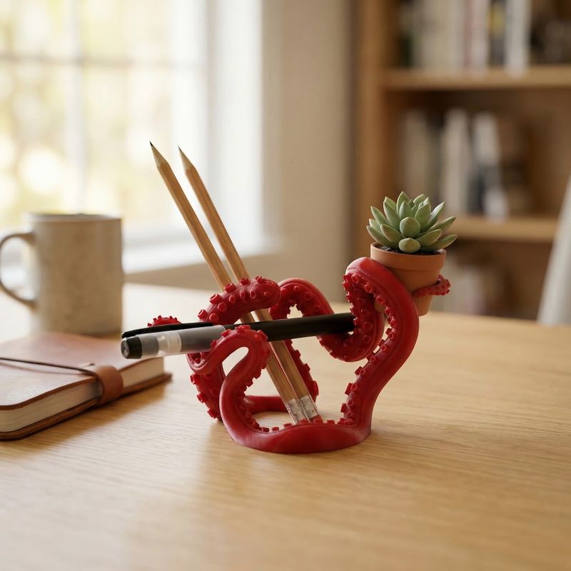 Carti si Birotica - Birotica - Accesorii de birou - Suporturi accesorii birou - Suport Pixuri Sculptural Tentacule, Rosu, 10 cm - Infinity.ro