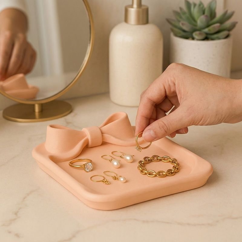 Fashion, accesorii si bijuterii - Femei - Bijuterii femei - Cutii bijuterii - Tavita Organizator Bijuterii cu Funda Eleganta, Roz Piersica, 15 cm - Infinity.ro