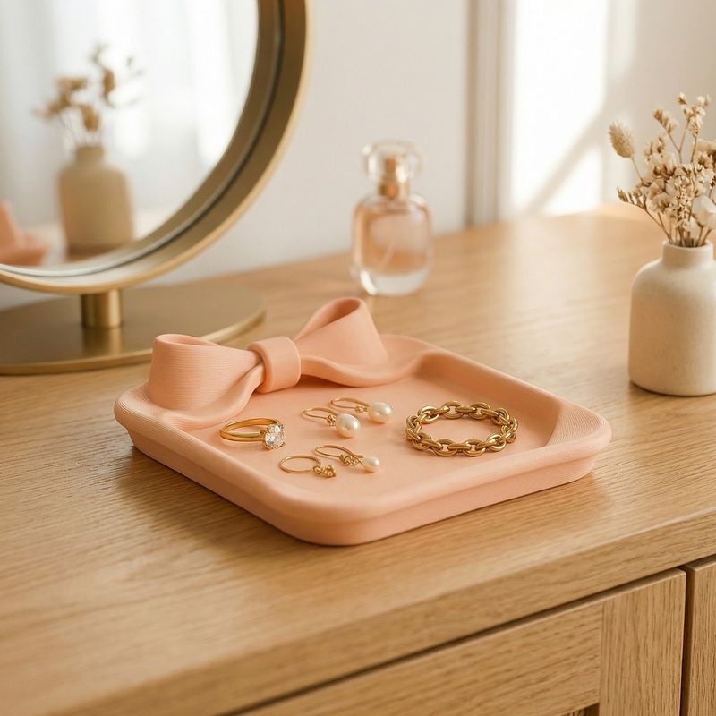 Fashion, accesorii si bijuterii - Femei - Bijuterii femei - Cutii bijuterii - Tavita Organizator Bijuterii cu Funda Eleganta, Roz Piersica, 15 cm - Infinity.ro