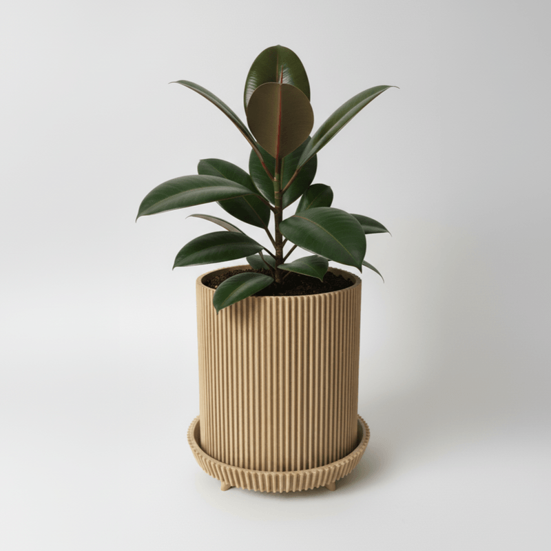 Casa si Gradina - Gradinarit si plante - Plante si ghivece - Ghivece si suporturi - Ghiveci decorativ Vertical Lines, Desert Beige, materiale eco friendly, cu tavita lipita, plastic PLA, diametru 12cm, inaltime 15cm - Infinity.ro