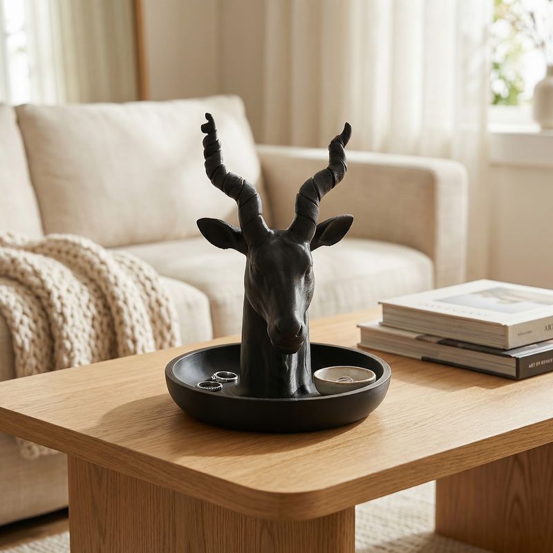 Casa si Gradina - Decoratiuni - Obiecte decorative - Accesorii decorative - Tava Organizatoare Decorativa cu Cap de Antilopa, Neagra, 20 cm - Infinity.ro